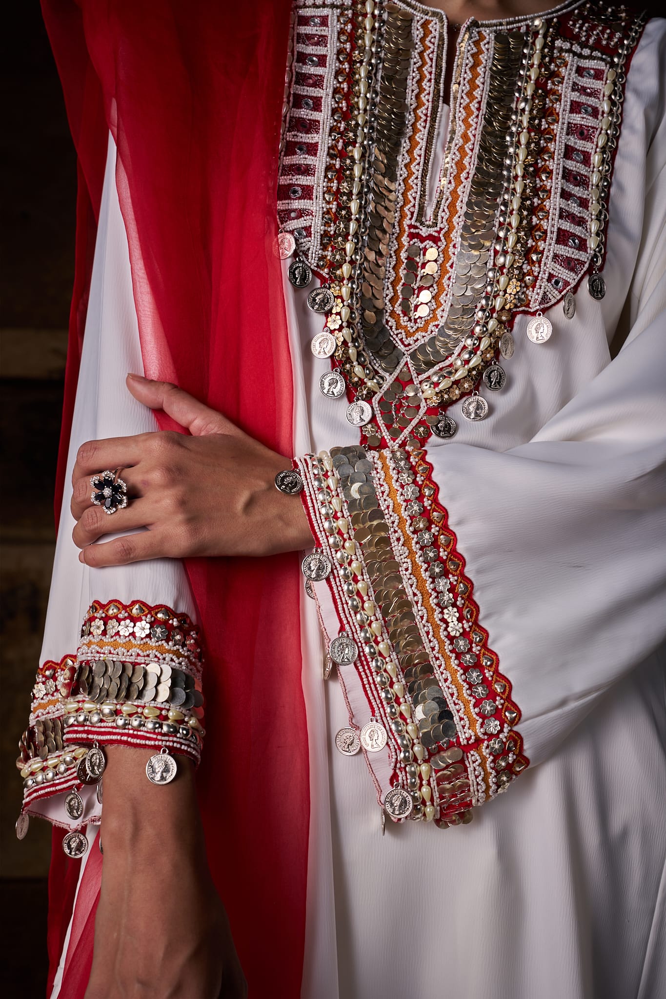 White Hand Embroidered Pheran Salwar Organza Dupatta - Image 3