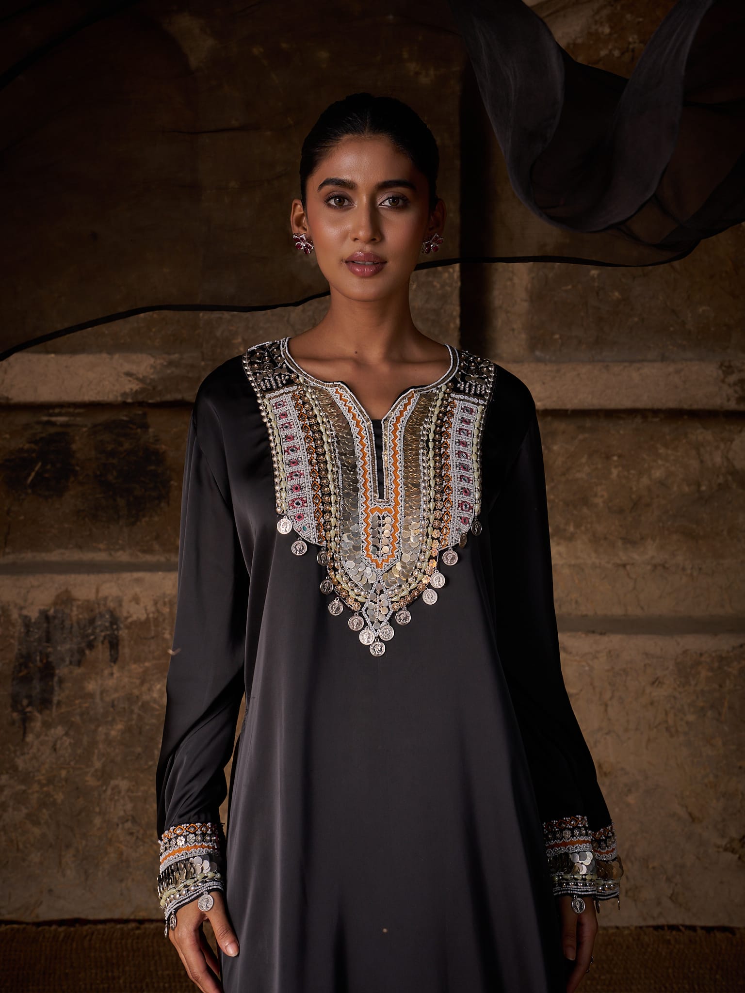 Black Hand Embroidered High Slit Shirt Pallazo Organza Dupatta - Image 3