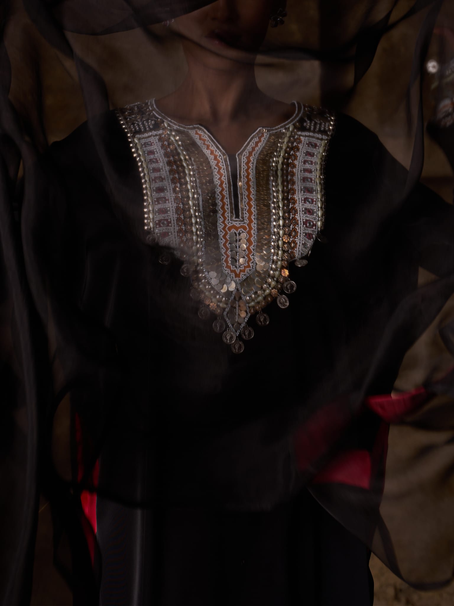 Black Hand Embroidered High Slit Shirt Pallazo Organza Dupatta - Image 4