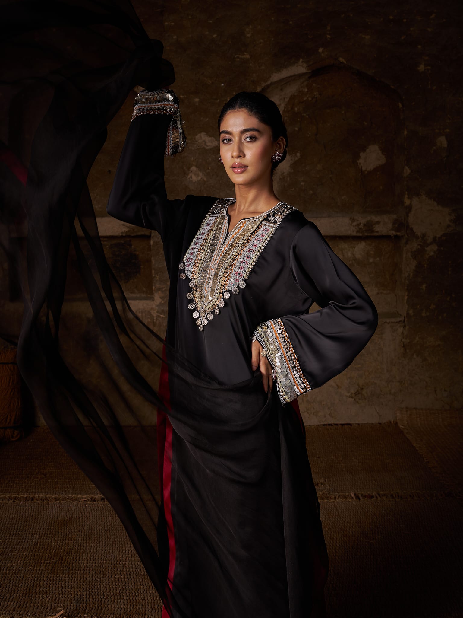 Black Hand Embroidered High Slit Shirt Pallazo Organza Dupatta - Image 2