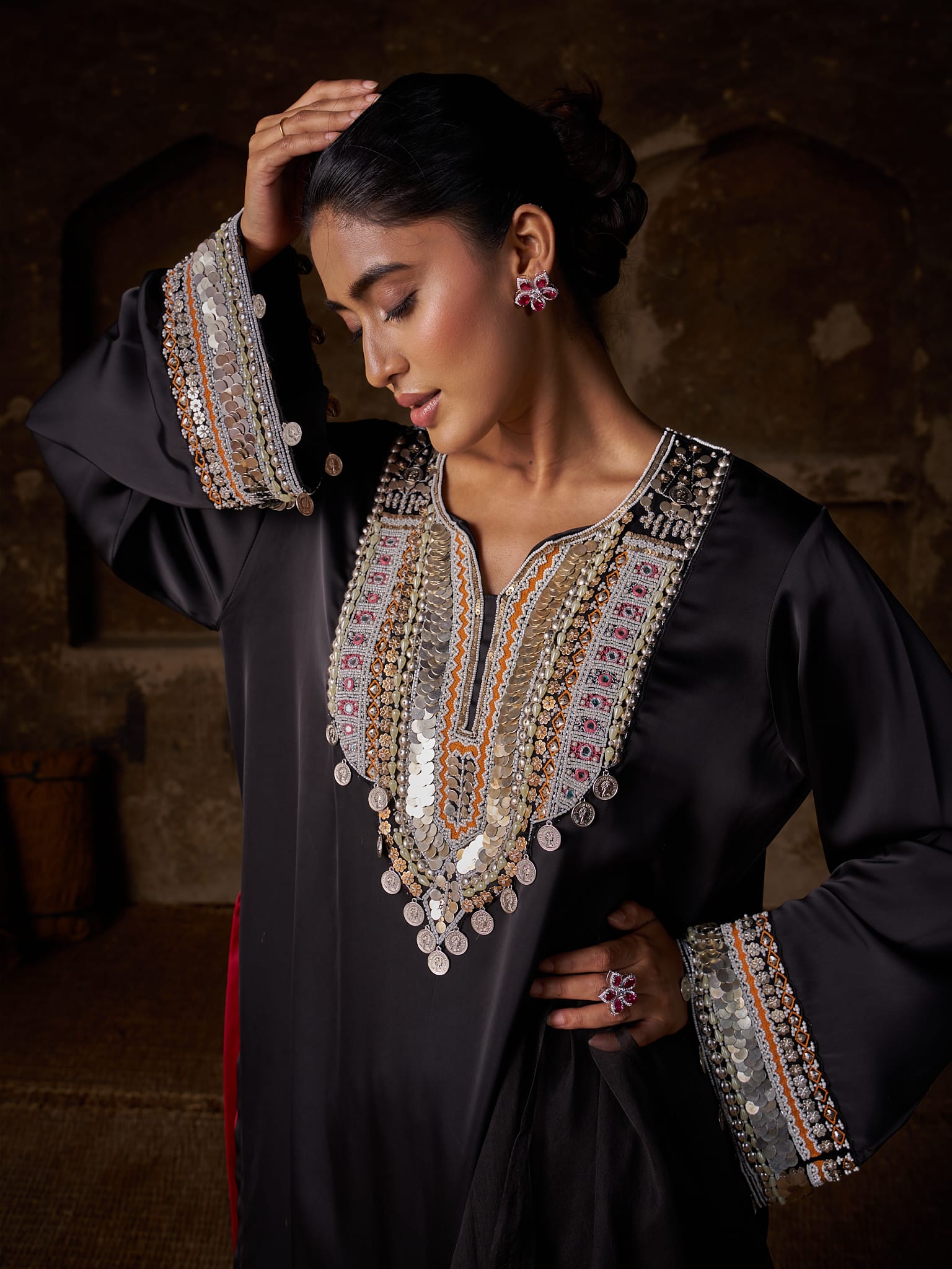 Black Hand Embroidered High Slit Shirt Pallazo Organza Dupatta - Image 5