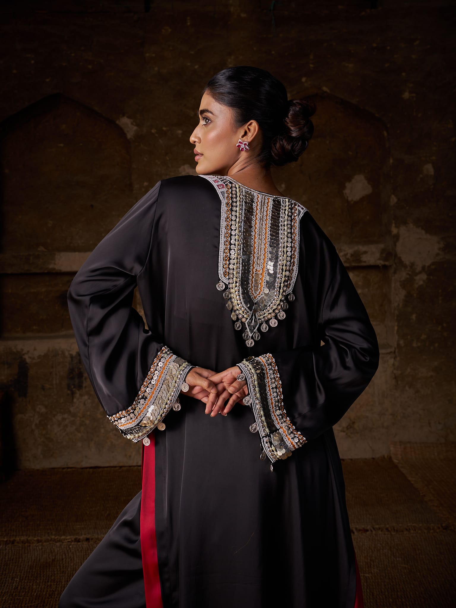 Black Hand Embroidered High Slit Shirt Pallazo Organza Dupatta - Image 7