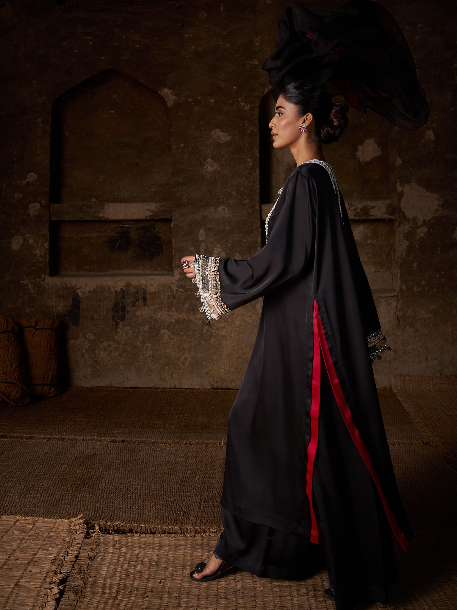 Black Hand Embroidered High Slit Shirt Pallazo Organza Dupatta - Image 6