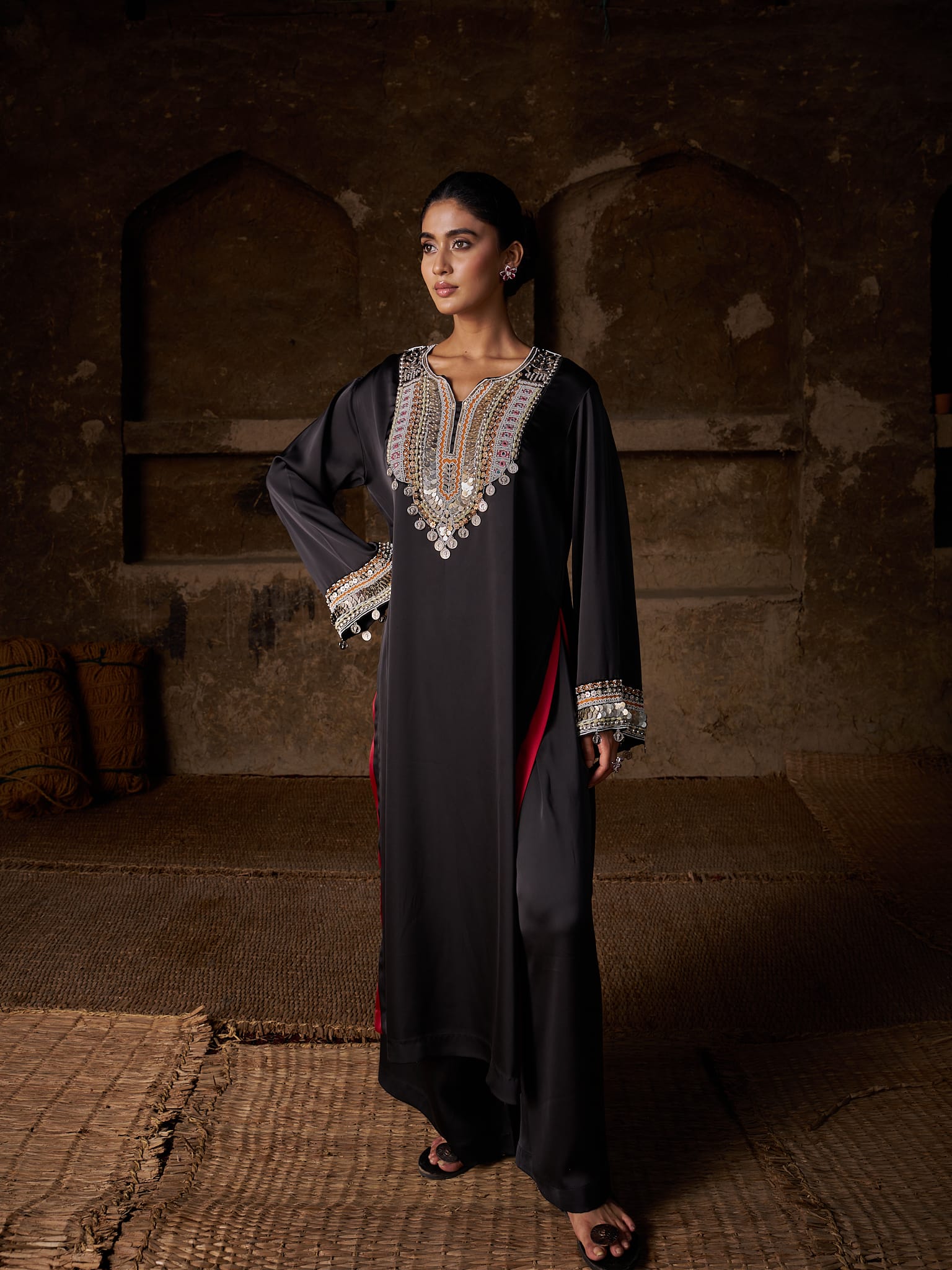 Black Hand Embroidered High Slit Shirt Pallazo Organza Dupatta