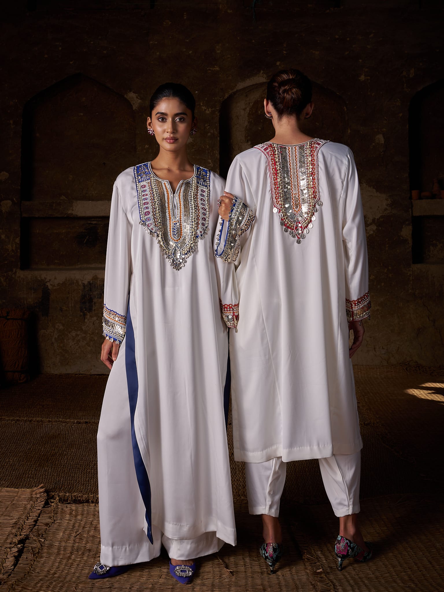 White Hand Embroidered High Slit Shirt Pallazo Organza Dupatta - Image 2