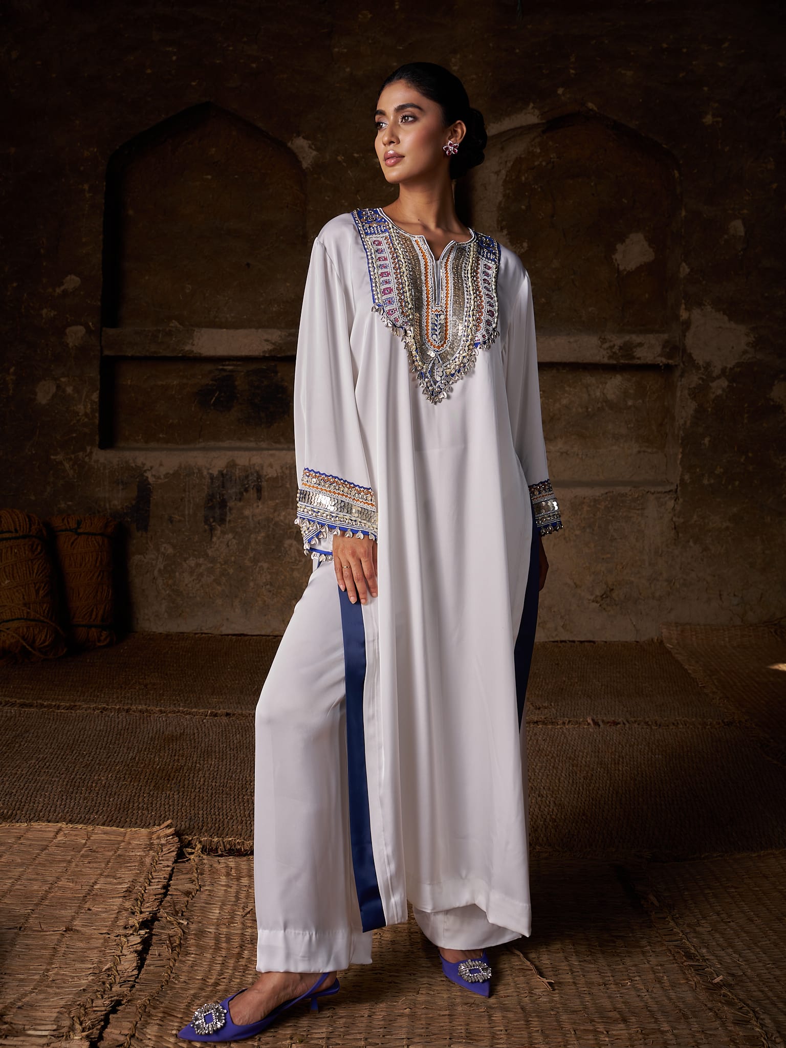 White Hand Embroidered High Slit Shirt Pallazo Organza Dupatta