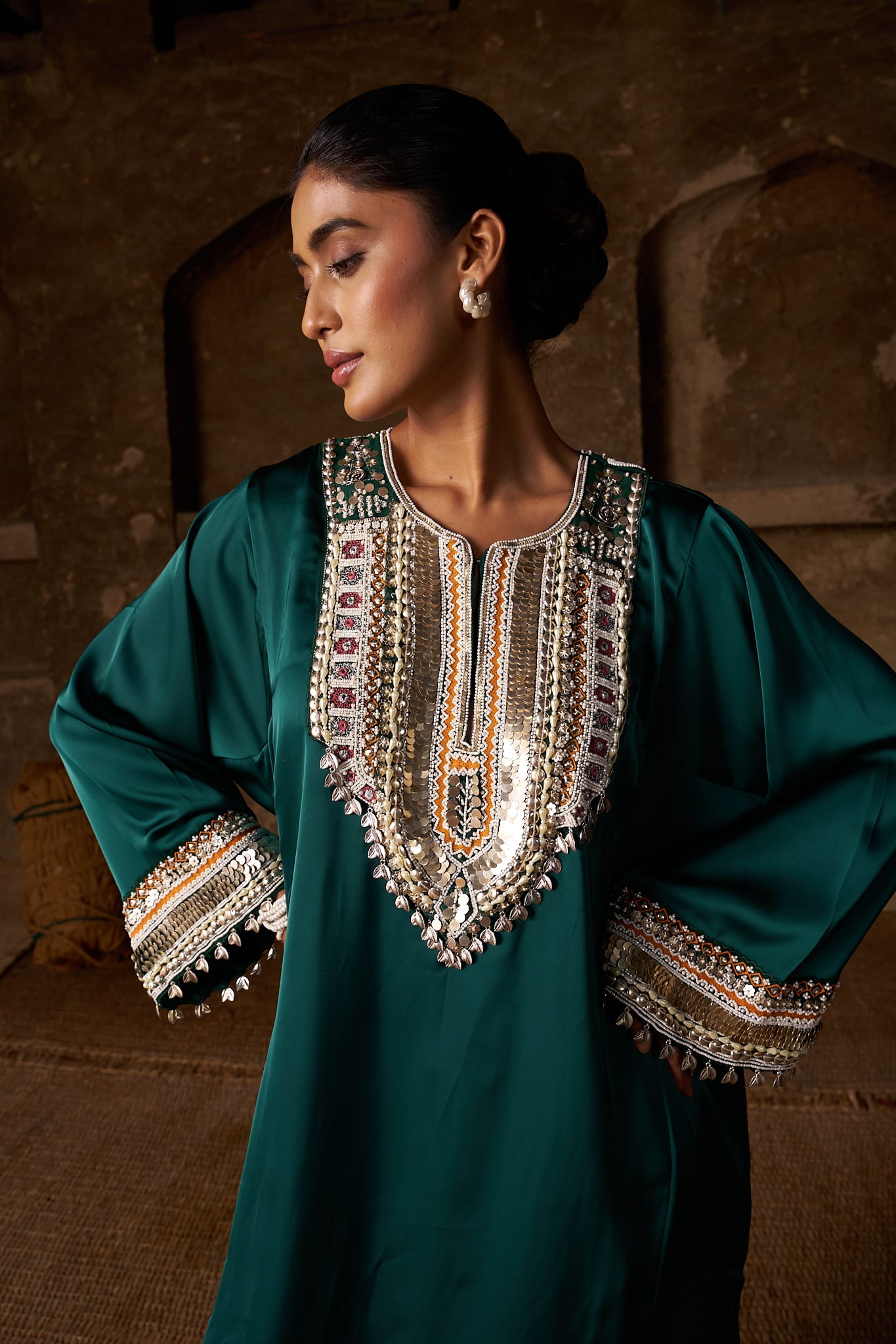 Bottle Green Hand Embroidered Pheran Salwar Organza Dupatta - Image 2