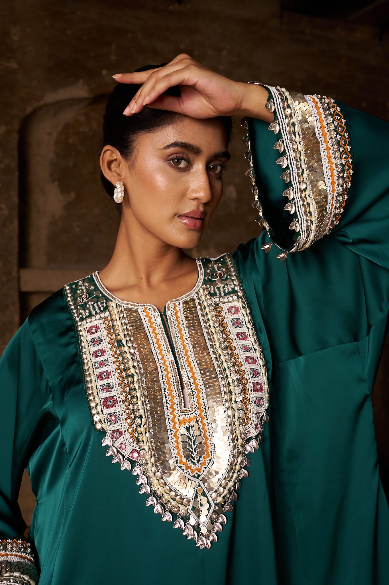 Bottle Green Hand Embroidered Pheran Salwar Organza Dupatta - Image 4