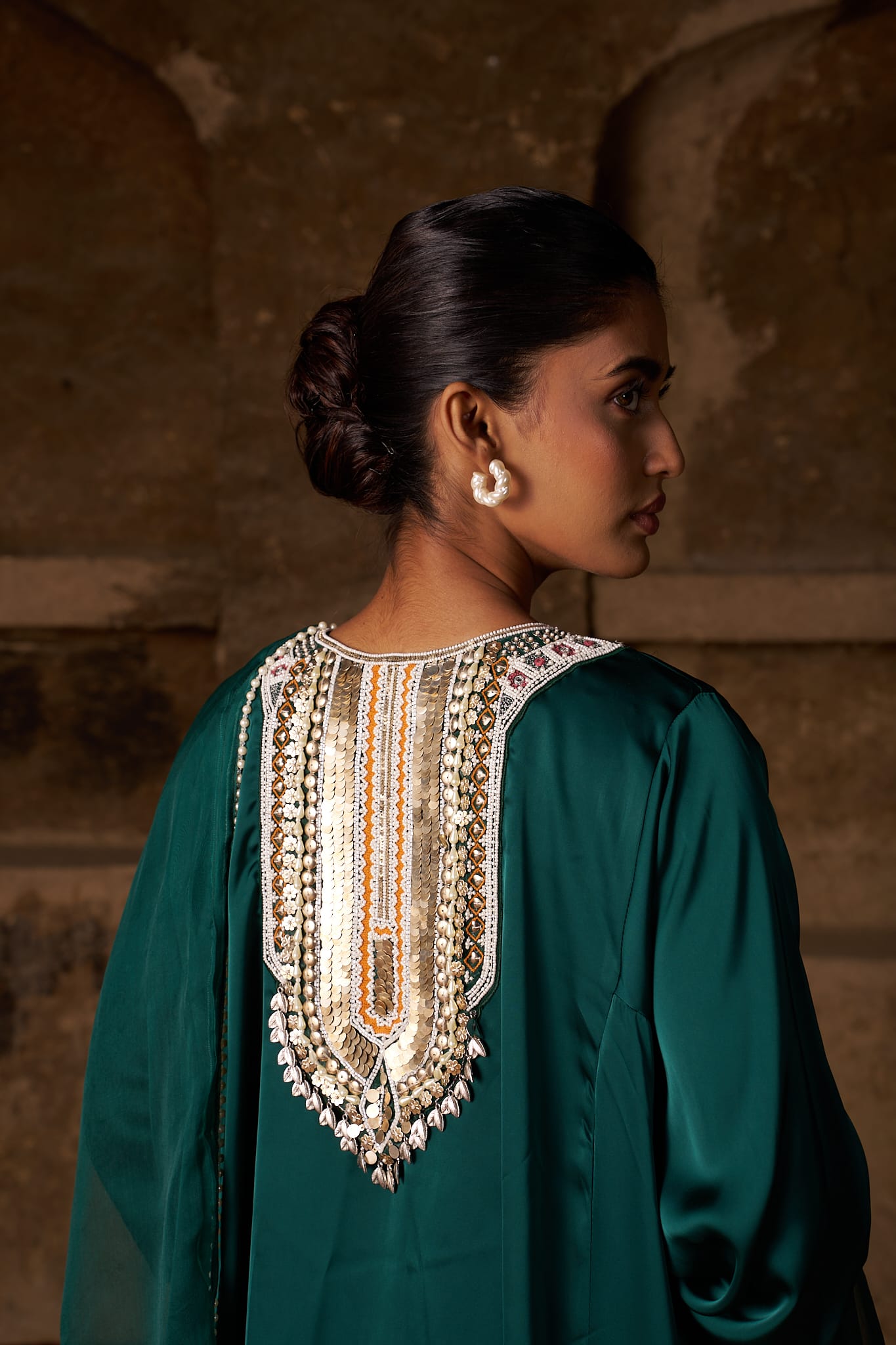 Bottle Green Hand Embroidered Pheran Salwar Organza Dupatta - Image 3