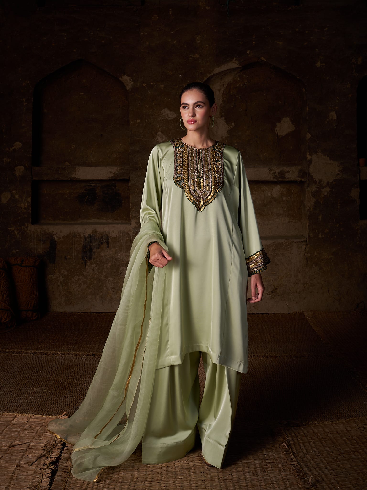 Sage Green Hand Embroidered Pheran Farshi Salwar Organza Dupatta