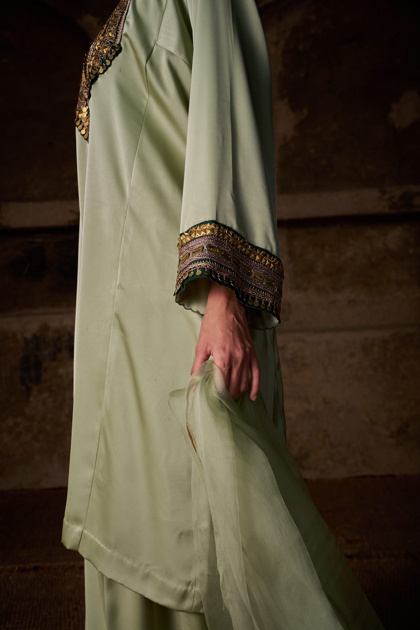 Sage Green Hand Embroidered Pheran Farshi Salwar Organza Dupatta - Image 4