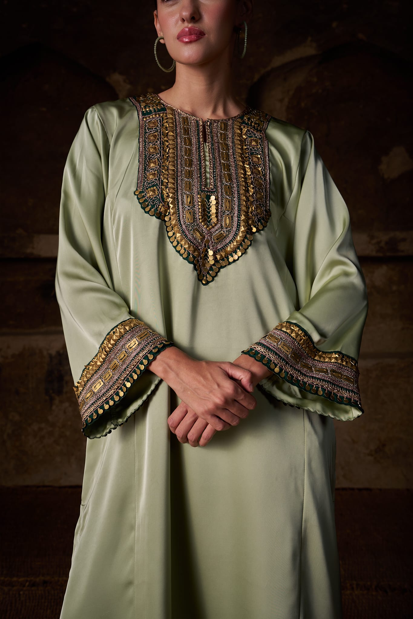 Sage Green Hand Embroidered Pheran Farshi Salwar Organza Dupatta - Image 2