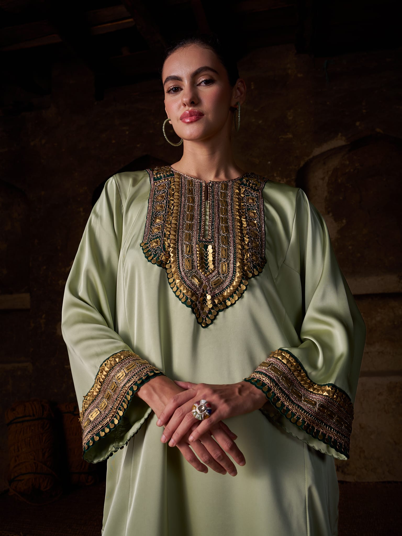 Sage Green Hand Embroidered Pheran Farshi Salwar Organza Dupatta - Image 3