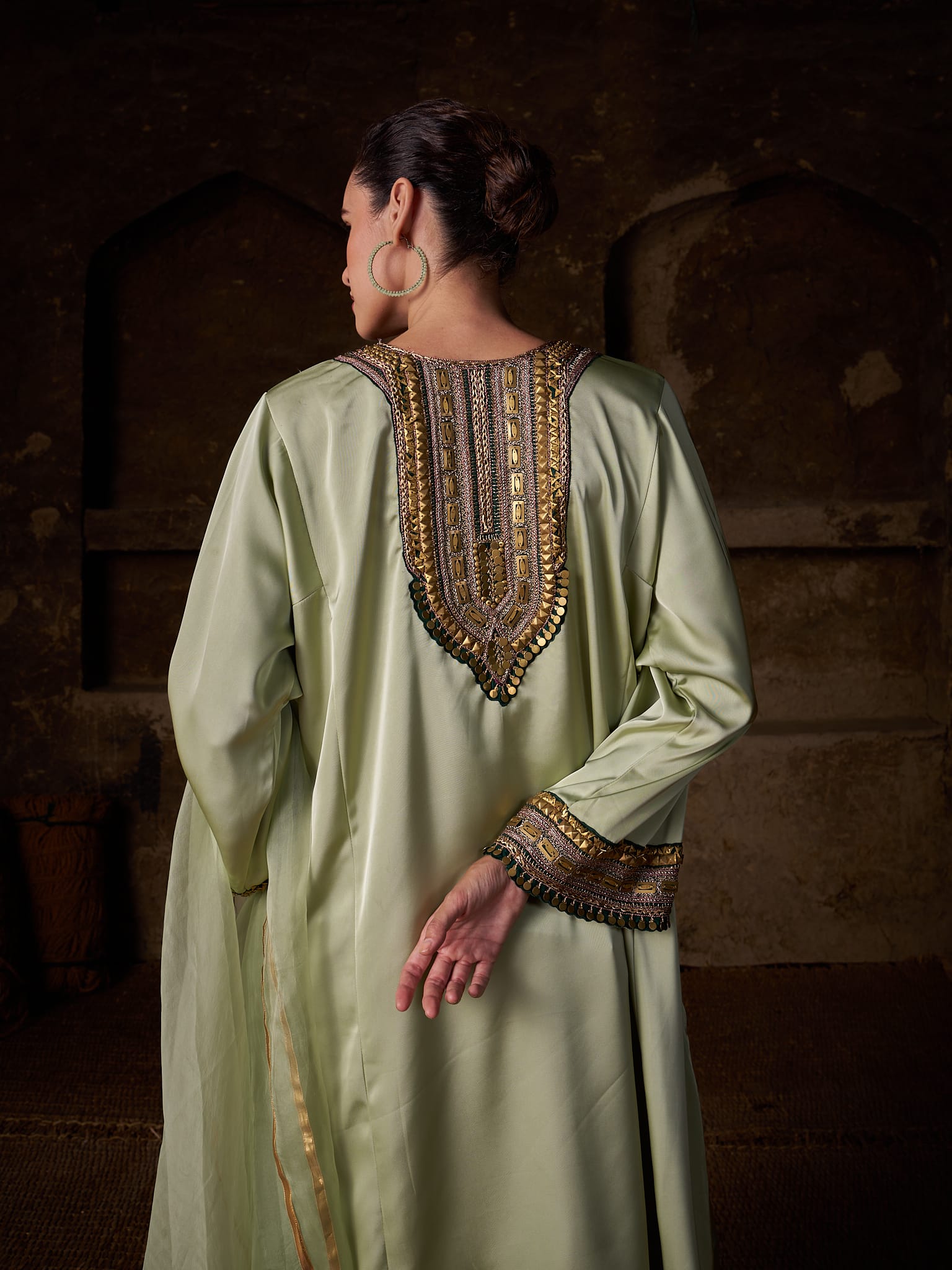 Sage Green Hand Embroidered Pheran Farshi Salwar Organza Dupatta - Image 5