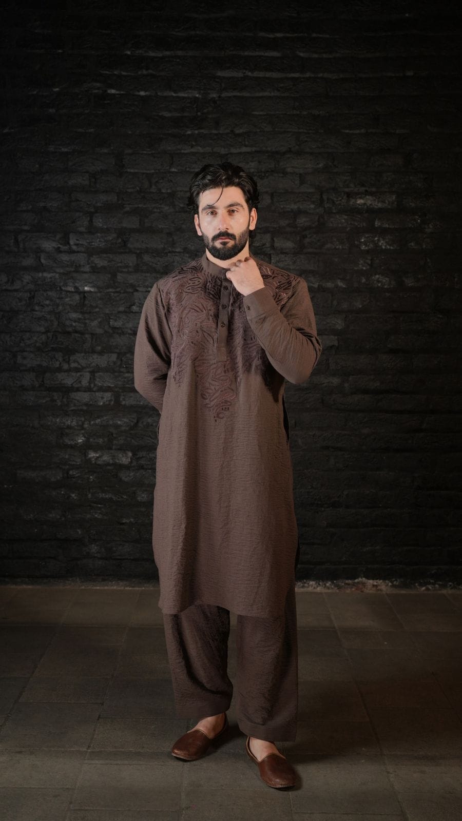 Brown Thread Embroidered Kurta Salwar
