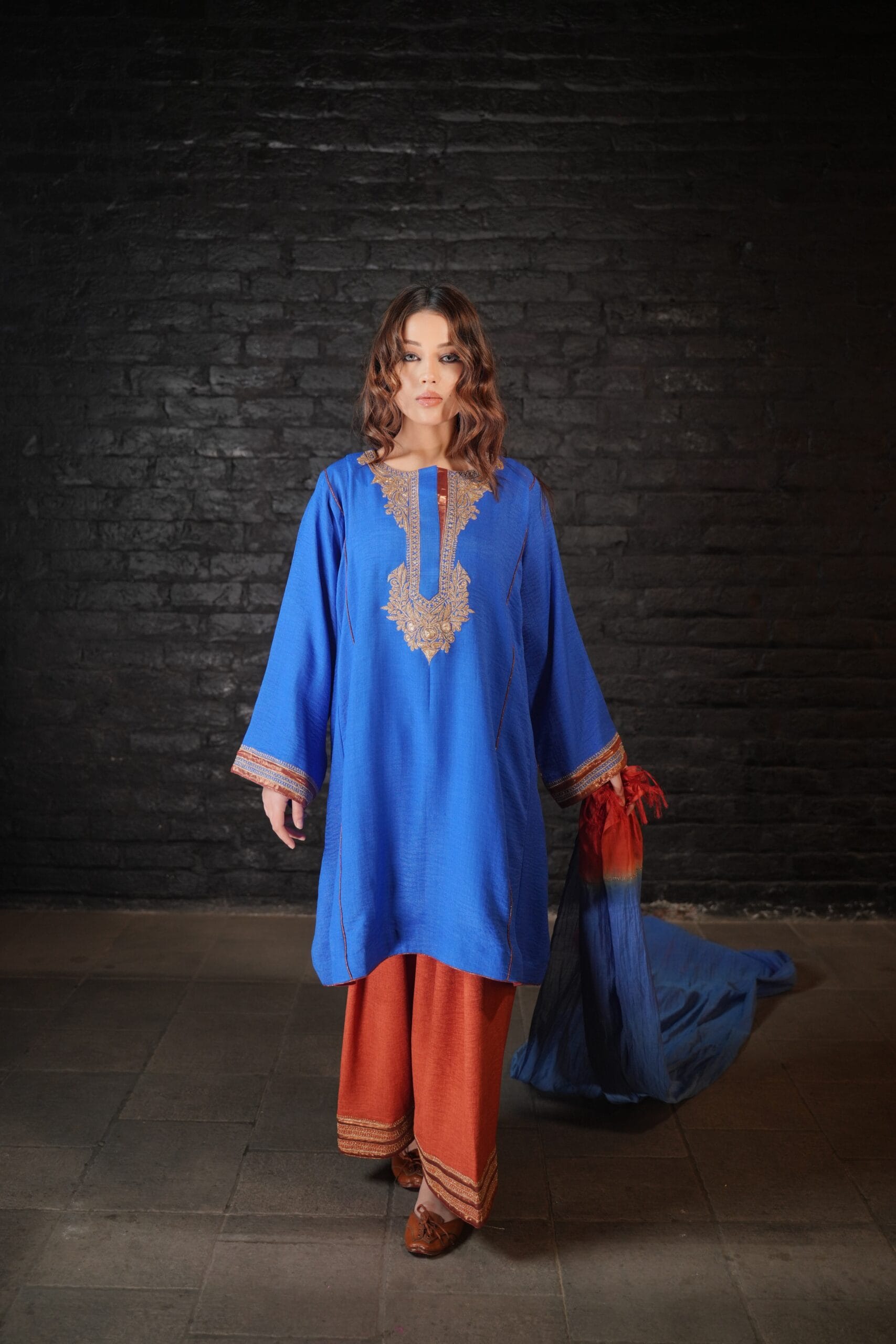 Blue and Rust Tilla Embroidered Round Pheran Farshi Salwar Dupatta