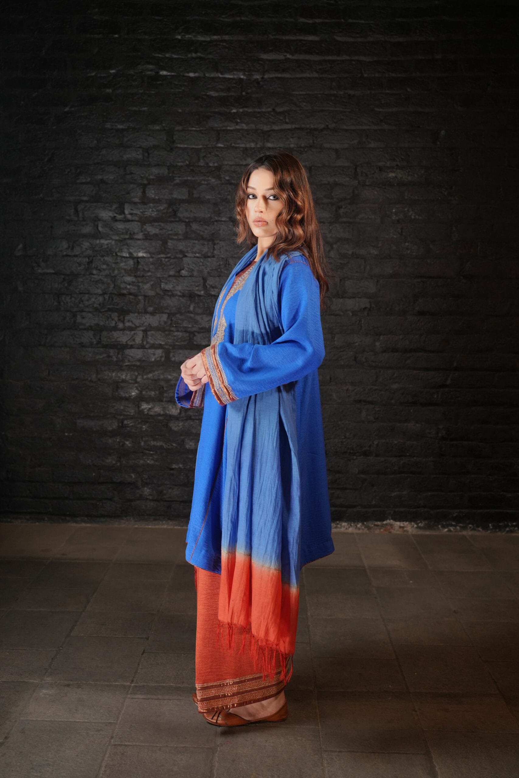 Blue and Rust Tilla Embroidered Round Pheran Farshi Salwar Dupatta - Image 2
