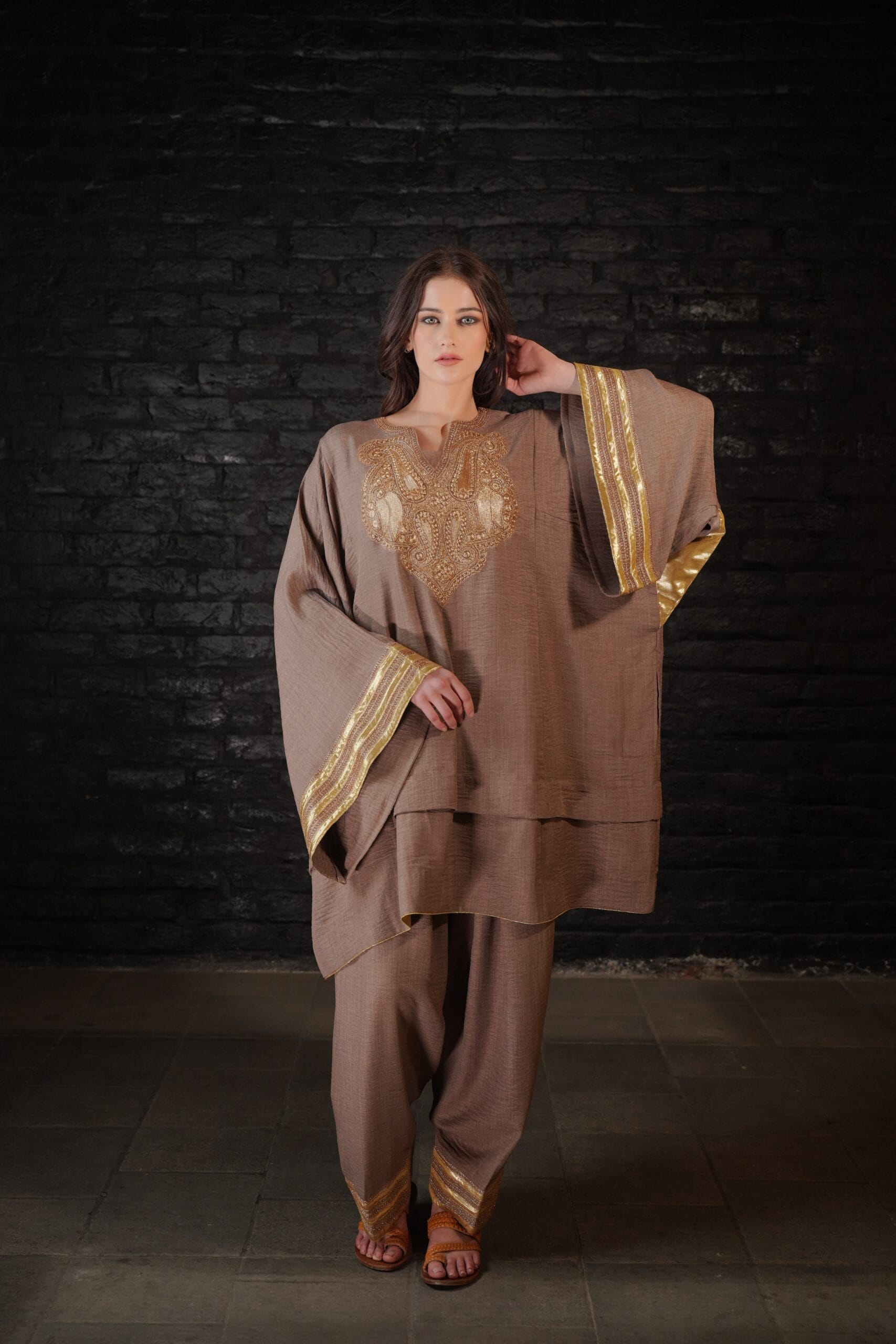 Beige Tilla Embroidered Round Pheran Farshi Salwar Dupatta