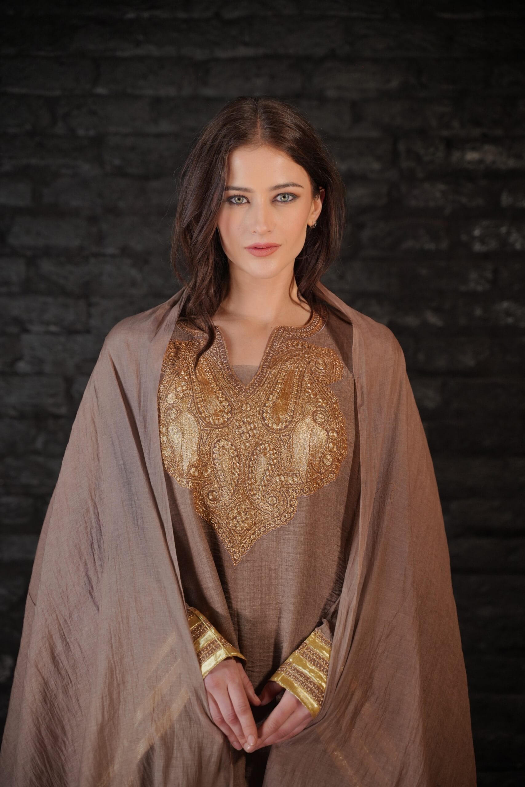Beige Tilla Embroidered Round Pheran Farshi Salwar Dupatta - Image 2