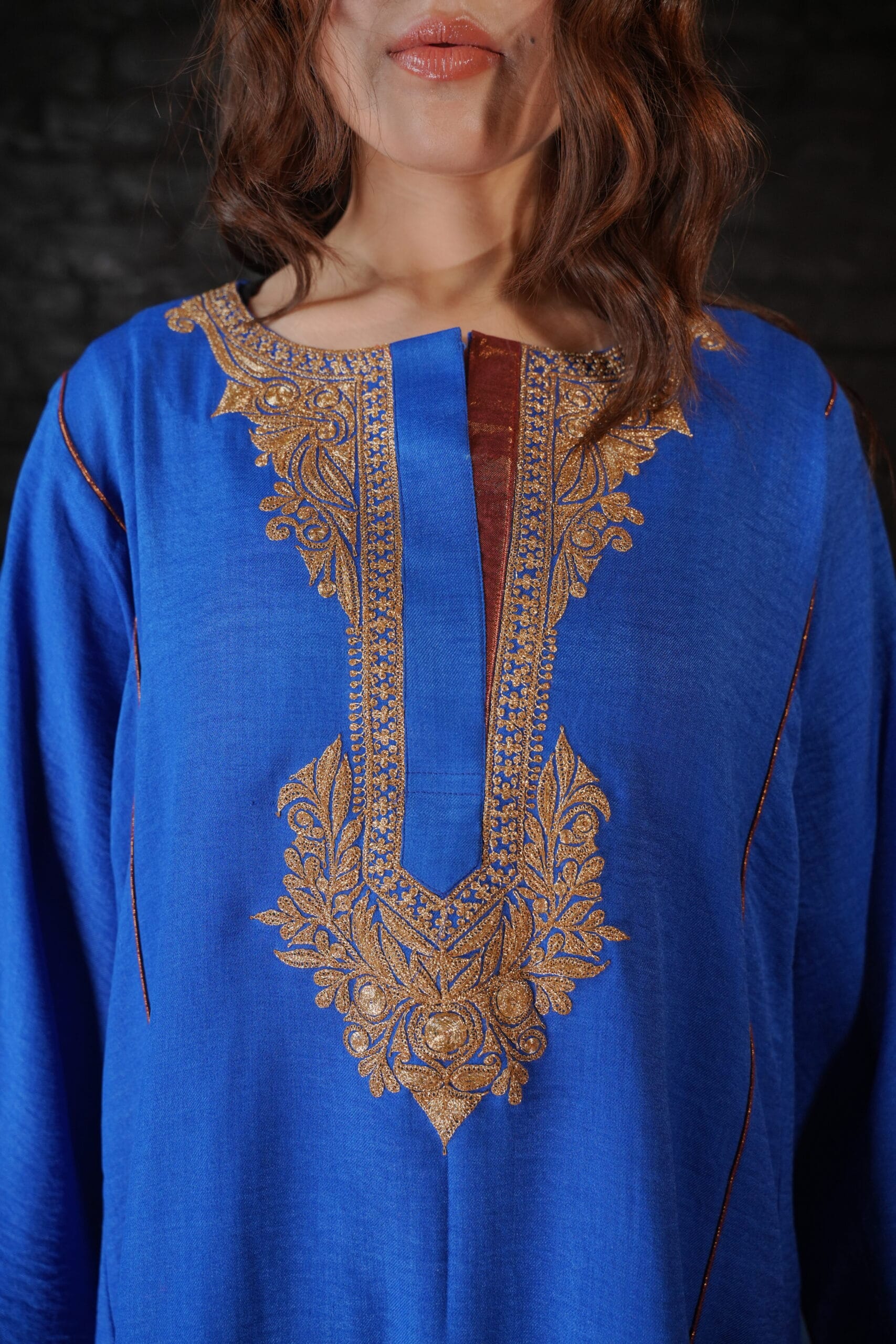 Blue and Rust Tilla Embroidered Round Pheran Farshi Salwar Dupatta - Image 6