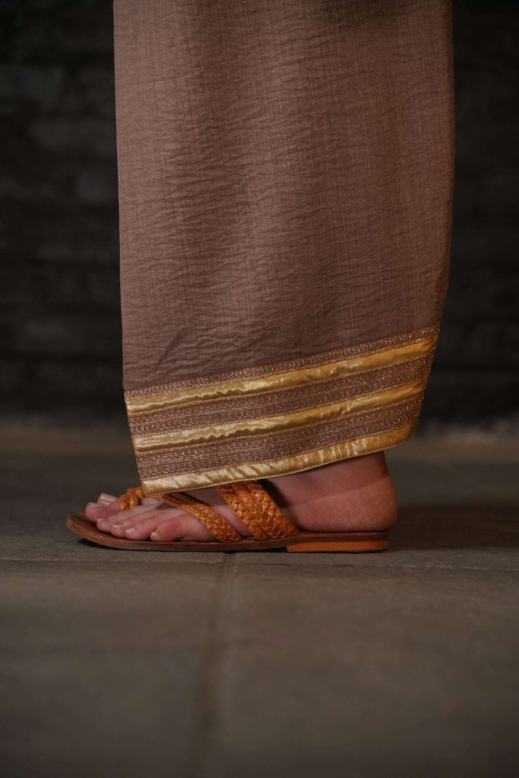 Beige Tilla Embroidered Round Pheran Farshi Salwar Dupatta - Image 6