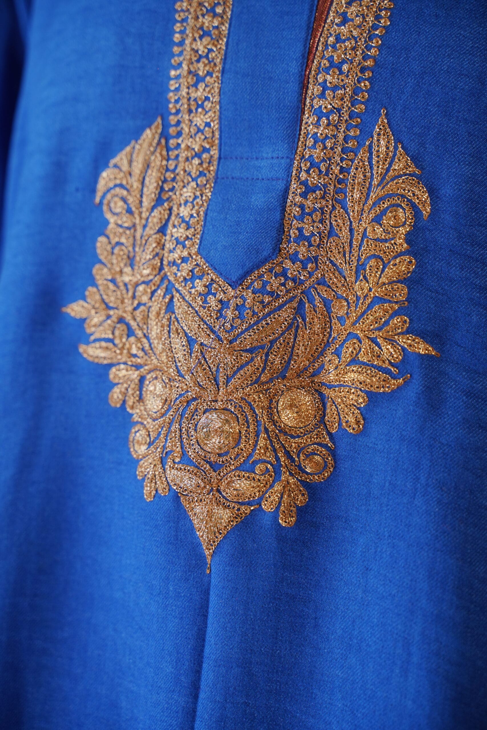 Blue and Rust Tilla Embroidered Round Pheran Farshi Salwar Dupatta - Image 8