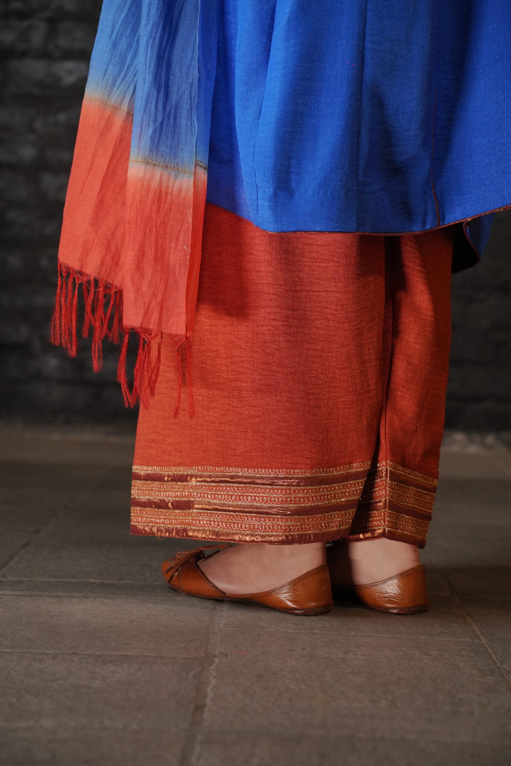 Blue and Rust Tilla Embroidered Round Pheran Farshi Salwar Dupatta - Image 9