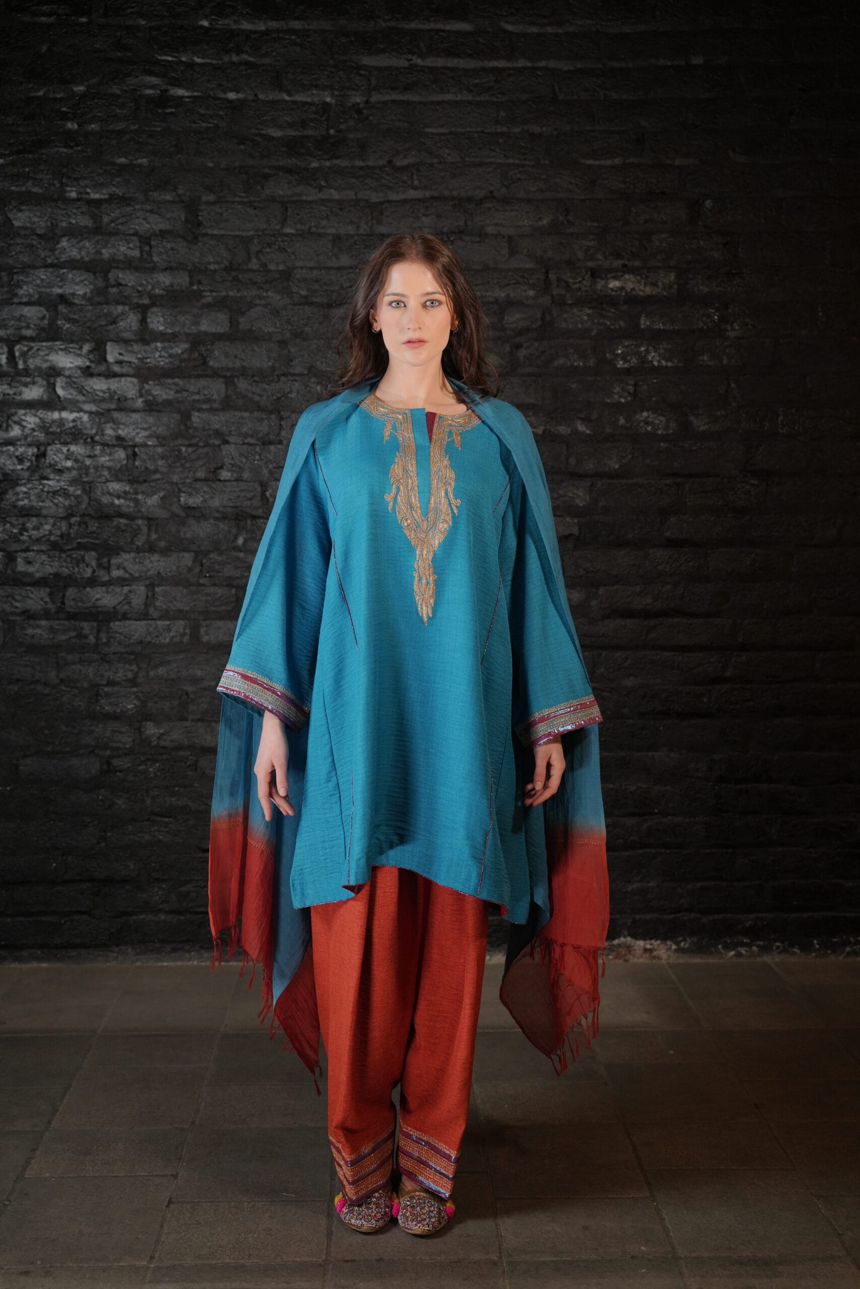 Teal and Rust Tilla Embroidered Round Pheran Farshi Salwar Dupatta