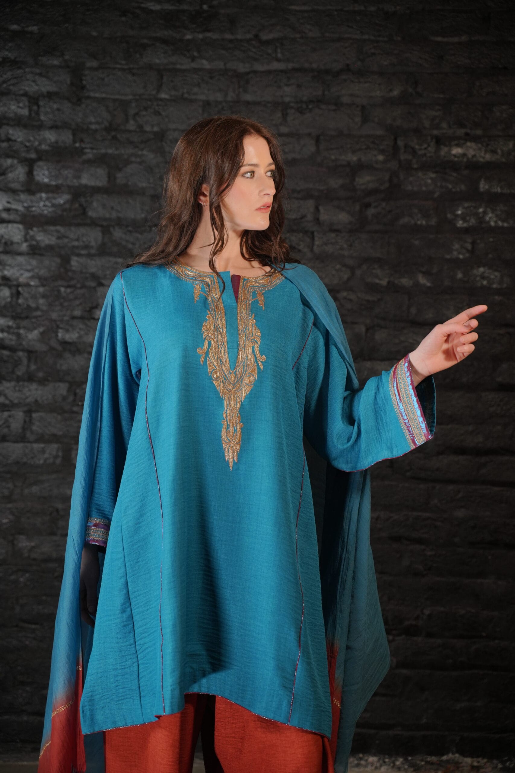 Teal and Rust Tilla Embroidered Round Pheran Farshi Salwar Dupatta - Image 3