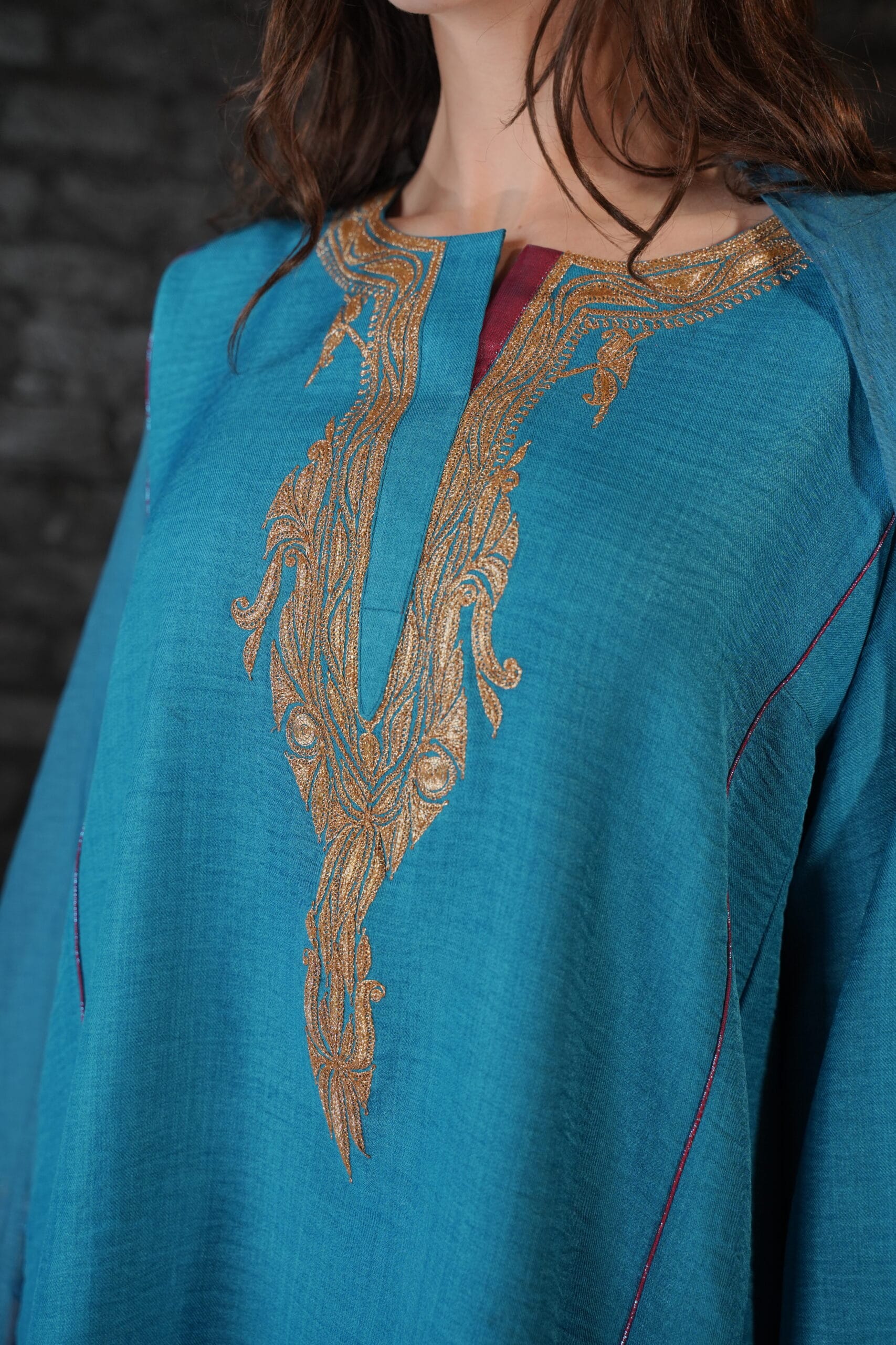 Teal and Rust Tilla Embroidered Round Pheran Farshi Salwar Dupatta - Image 4