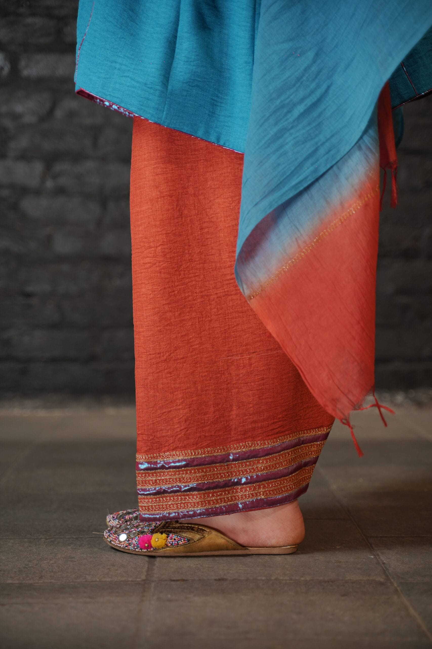 Teal and Rust Tilla Embroidered Round Pheran Farshi Salwar Dupatta - Image 5