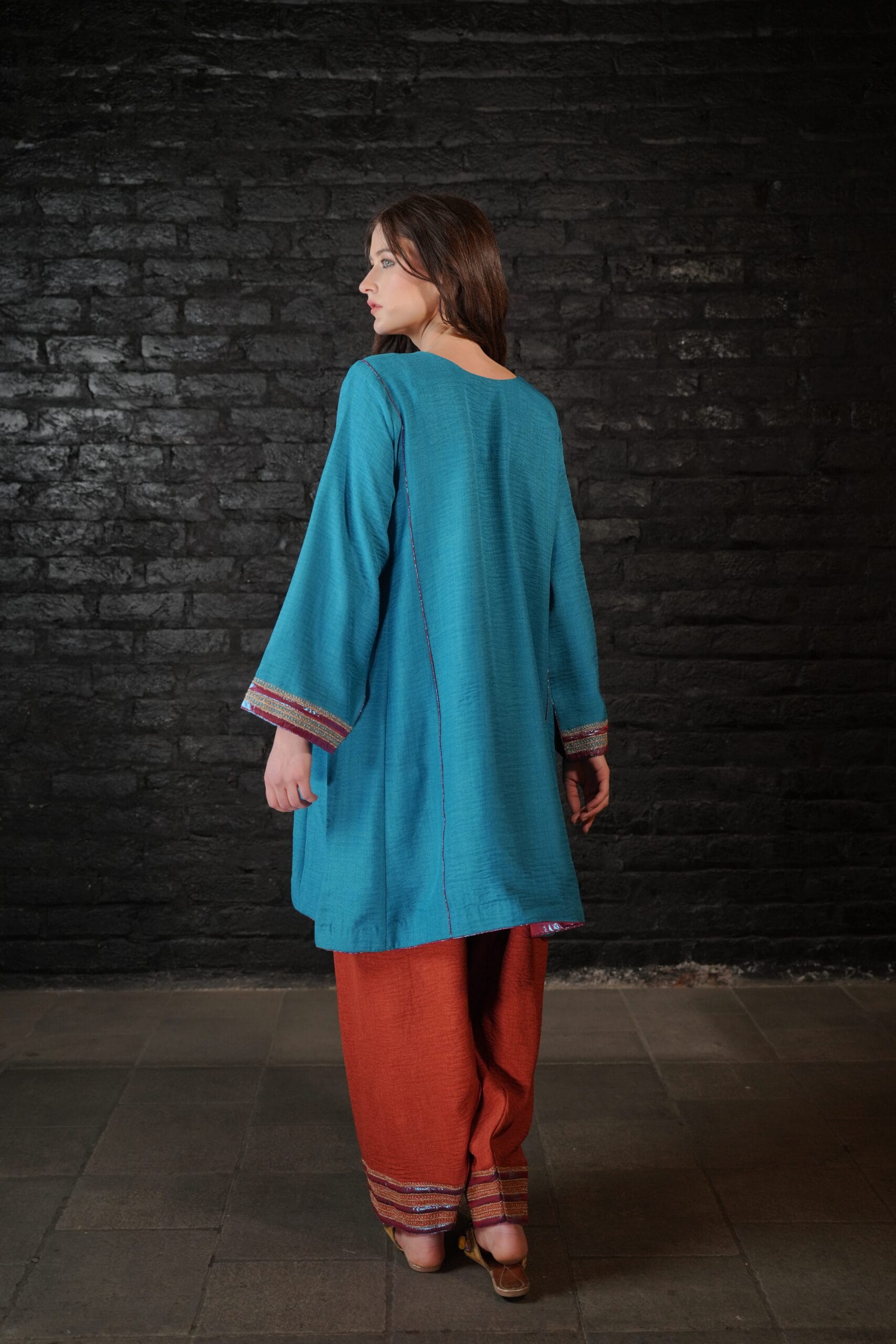 Teal and Rust Tilla Embroidered Round Pheran Farshi Salwar Dupatta - Image 6
