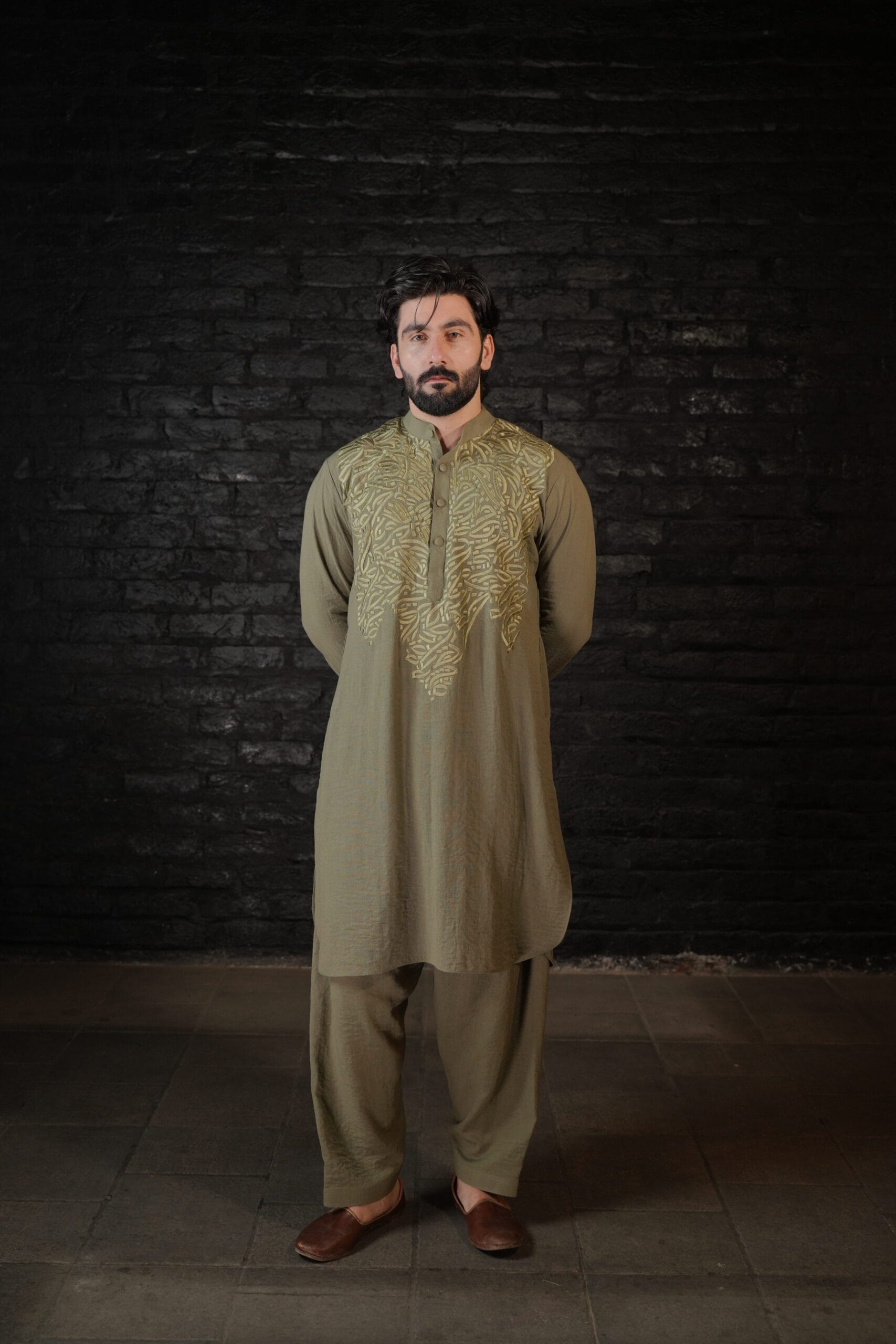 Olive Thread Embroidered Kurta Salwar - Image 2