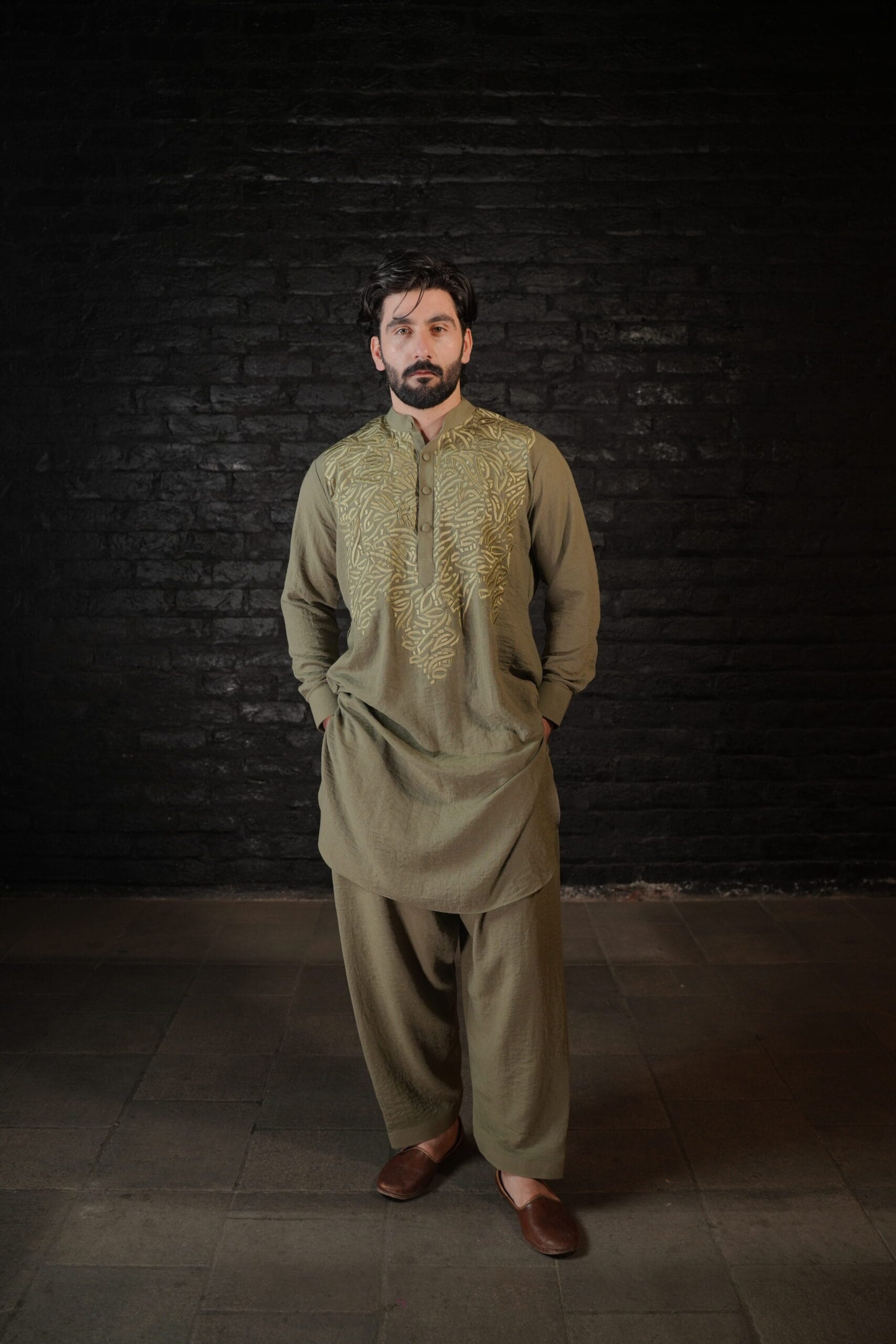 Olive Thread Embroidered Kurta Salwar