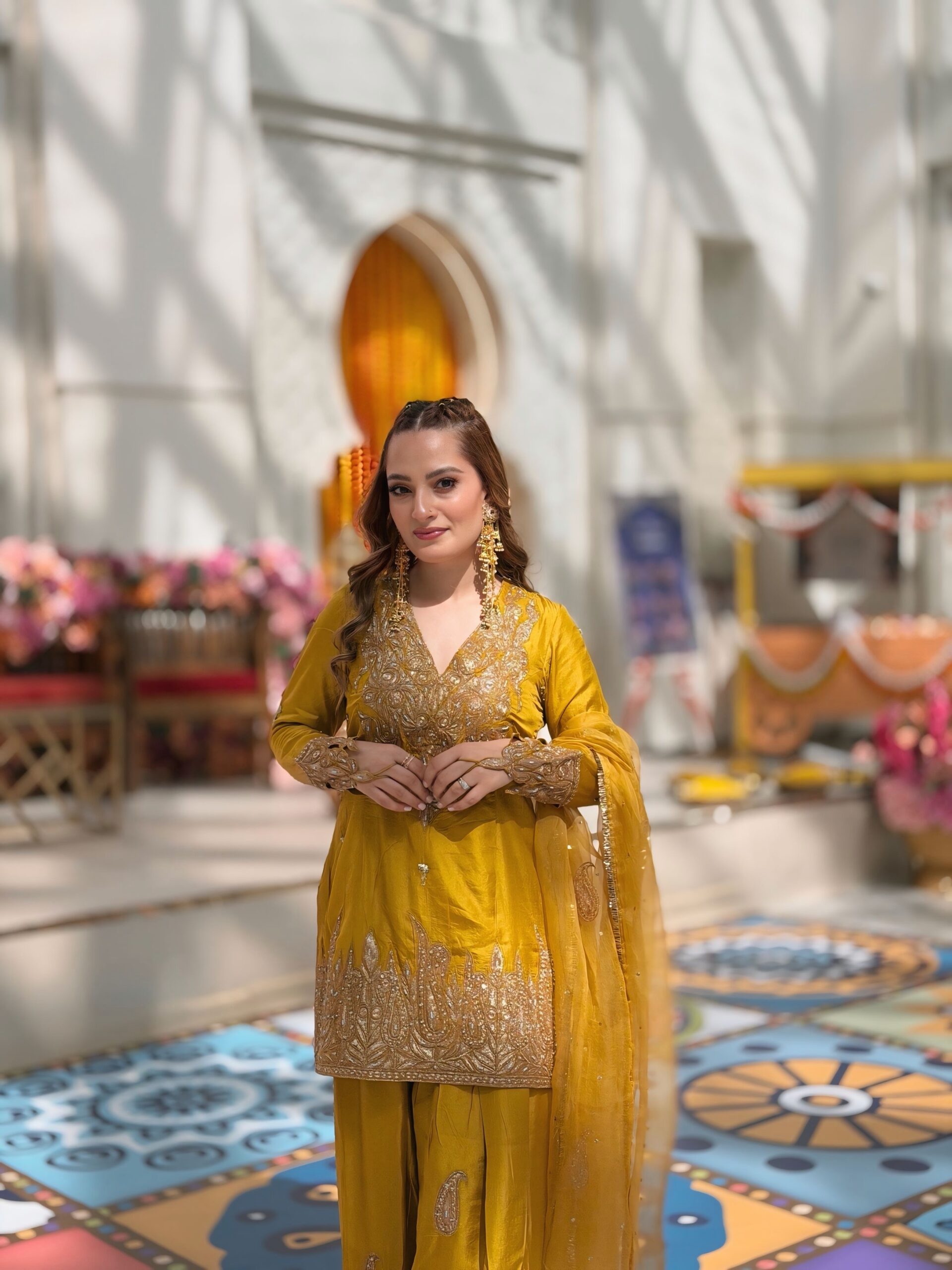 Mustard Tilla Embroidered Kameez Farshi Salwar Organza Dupatta - Image 2