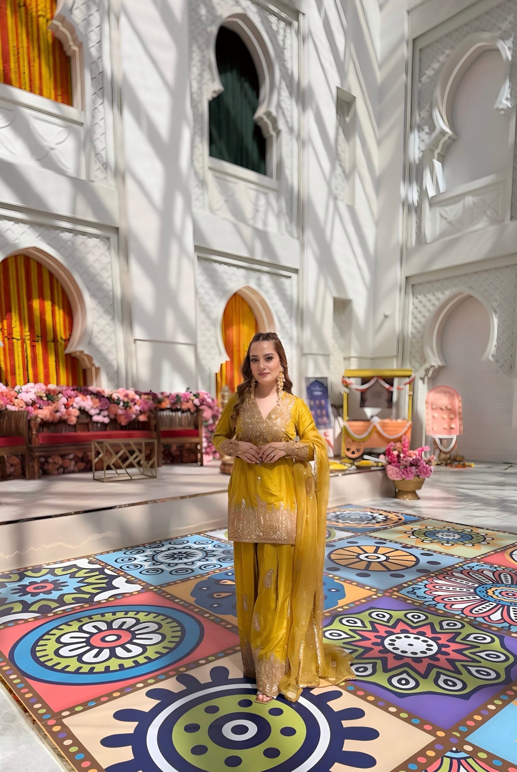 Mustard Tilla Embroidered Kameez Farshi Salwar Organza Dupatta - Image 5