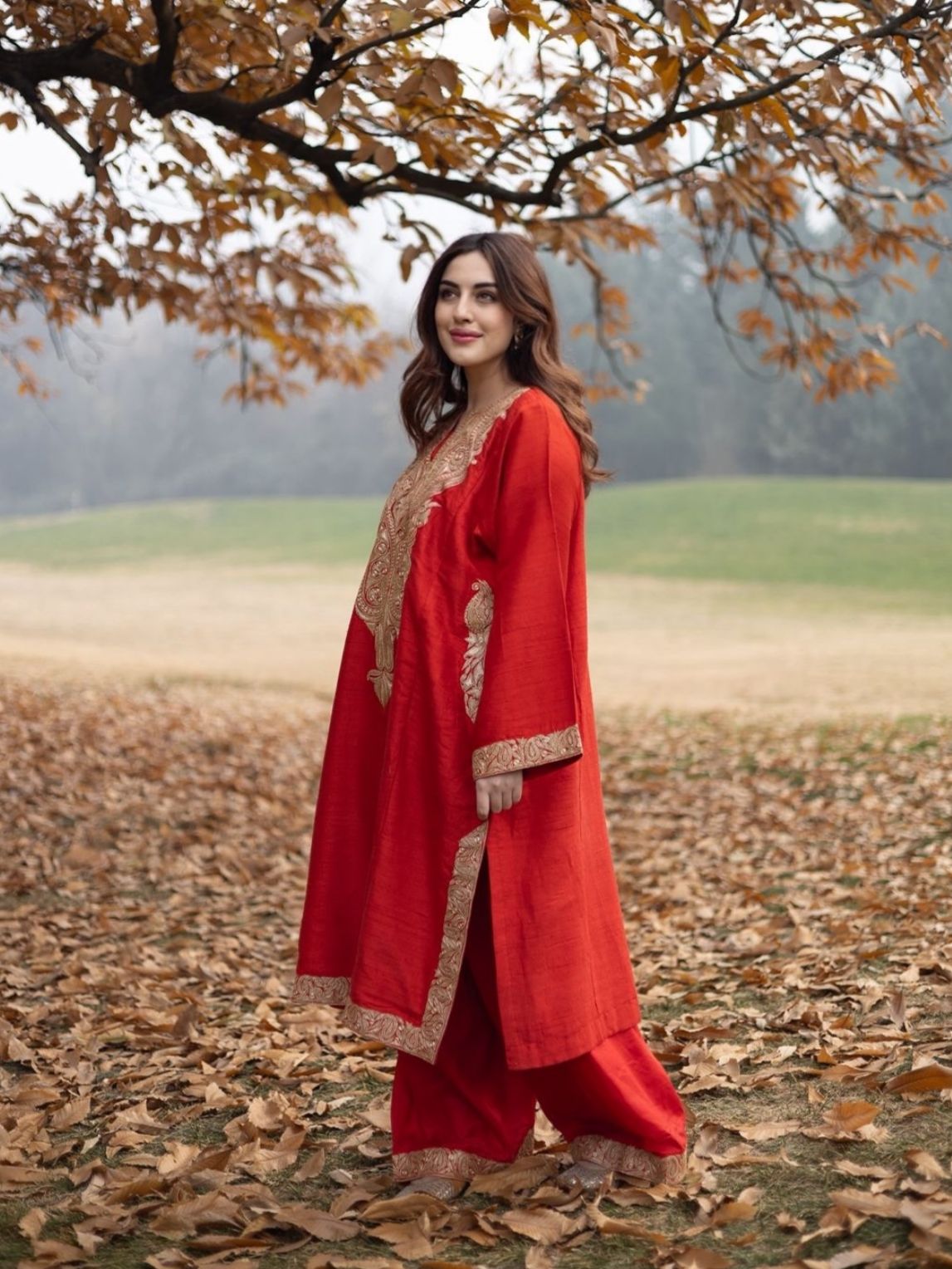 Red Tilla Embroidered Pheran Farshi Salwar with Organza Dupatta