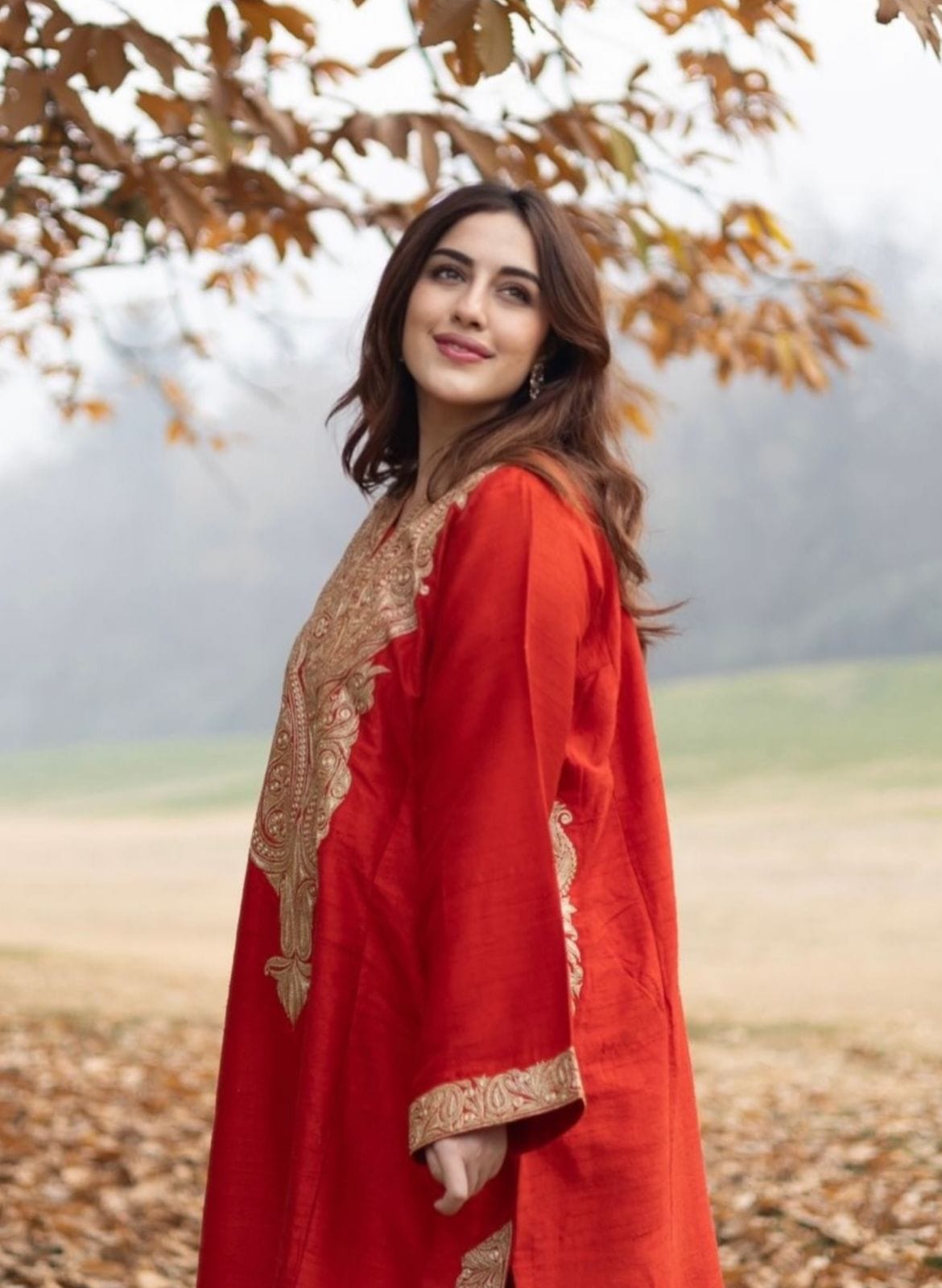 Red Tilla Embroidered Pheran Farshi Salwar with Organza Dupatta - Image 2