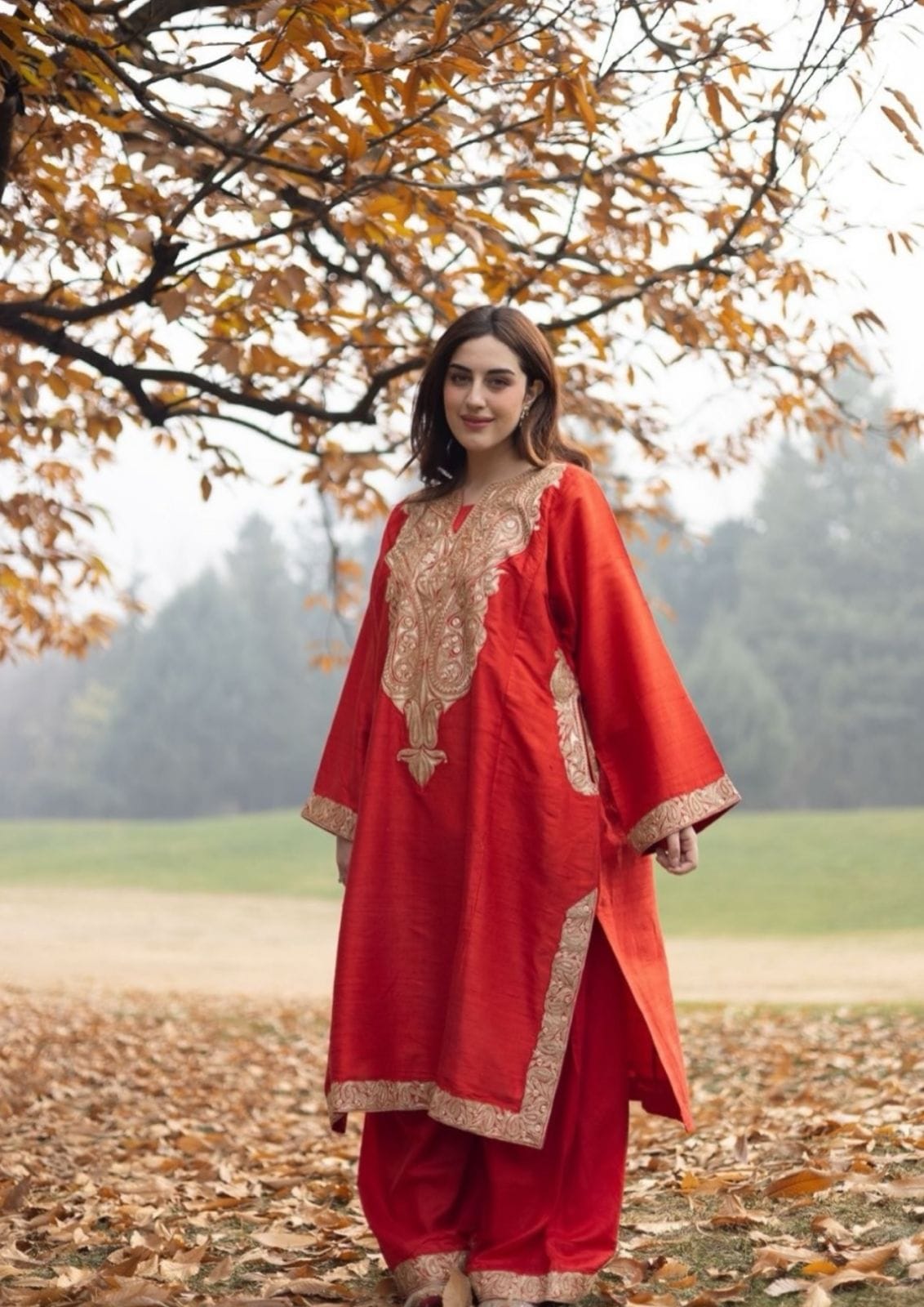 Red Tilla Embroidered Pheran Farshi Salwar with Organza Dupatta - Image 4