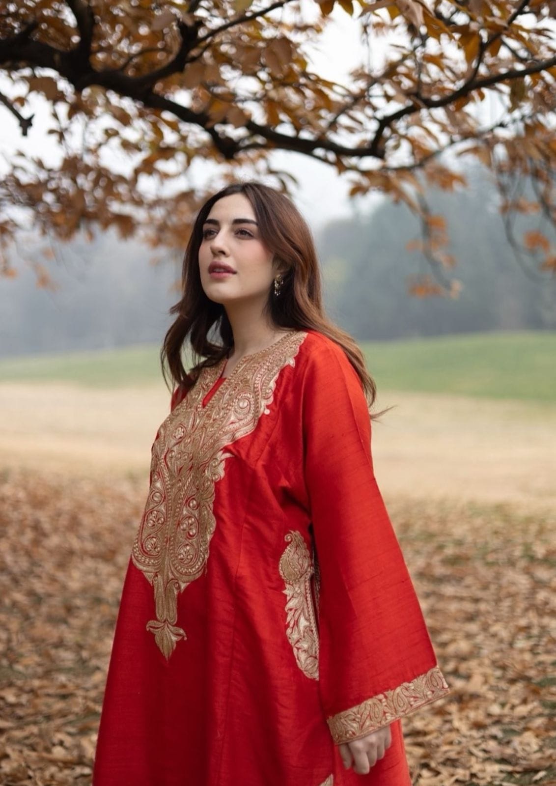 Red Tilla Embroidered Pheran Farshi Salwar with Organza Dupatta - Image 3