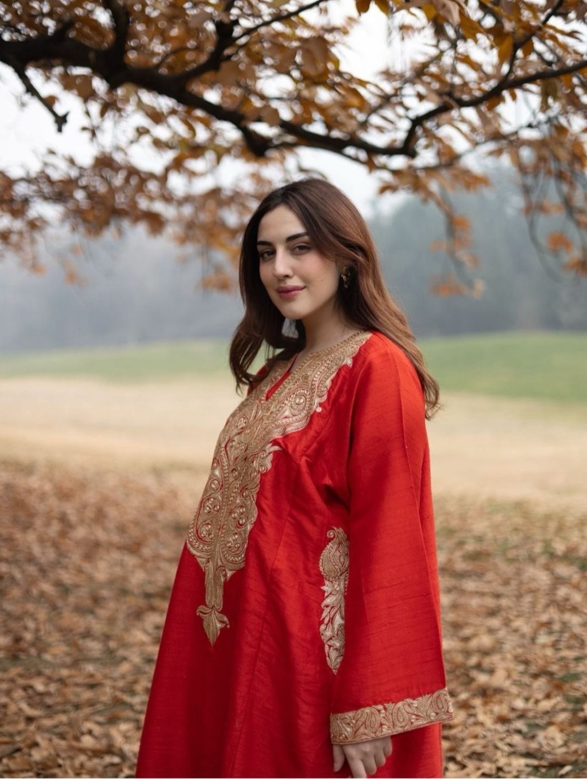 Red Tilla Embroidered Pheran Farshi Salwar with Organza Dupatta - Image 5